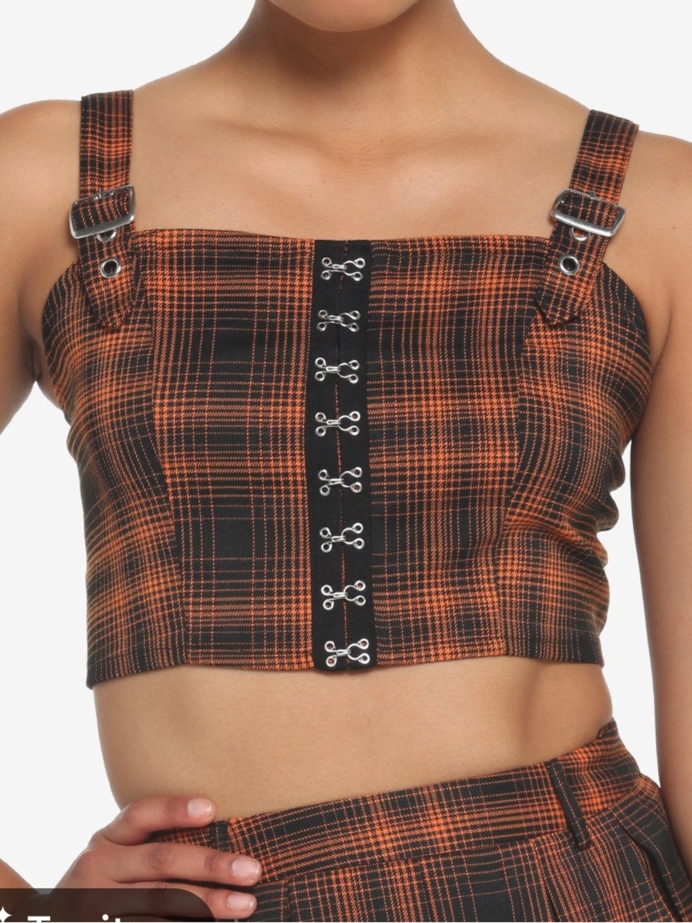 Hot Topic Black/Orange Plaid Hook-and-Eye Crop Tank Top. XL